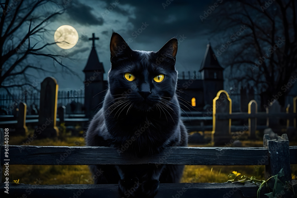 A black cat sitting with a background of Halloween night A black cat sitting with a background of Halloween night