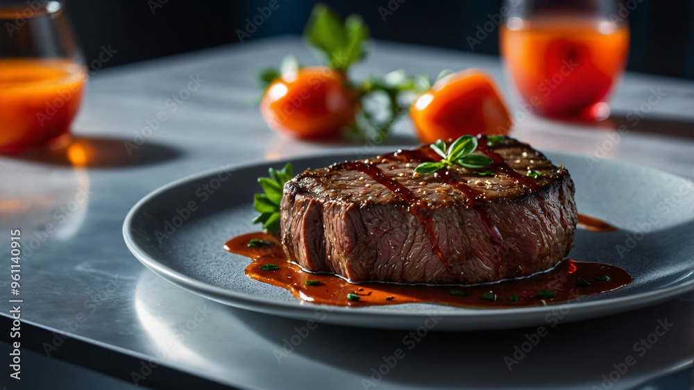 steak, with a holographic sauce drizzle, served on a sleek metallic plate-5 steak, with a holographic sauce drizzle, served on a sleek metallic plate-5