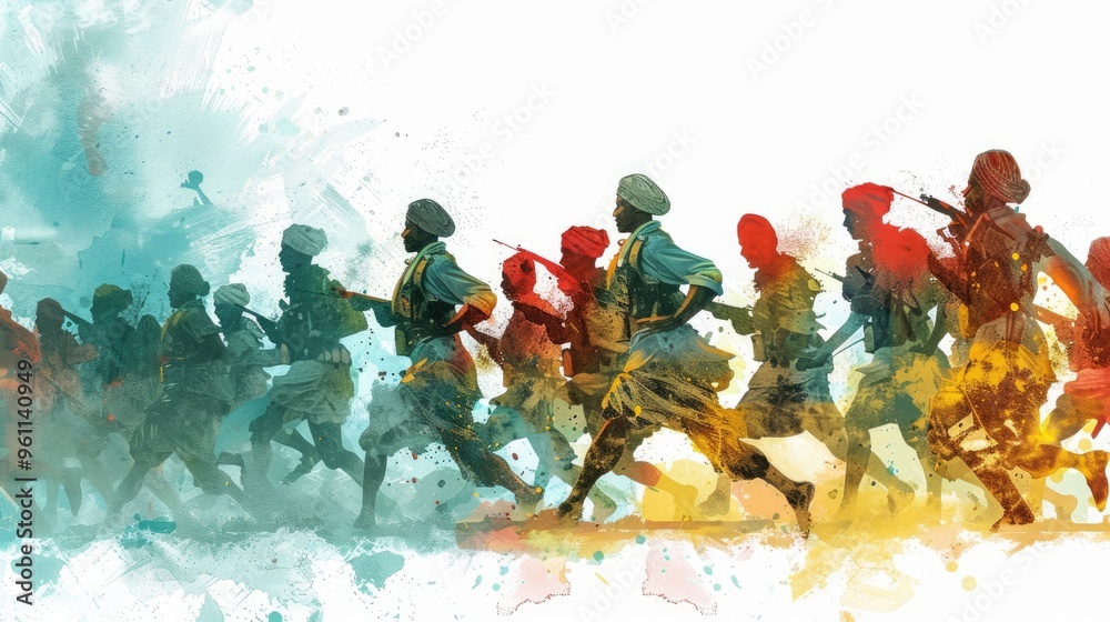 Fototapeta premium A group of soldiers running, holding guns in their hands and wearing headscarves on a white background with an abstract representation of India's flag.