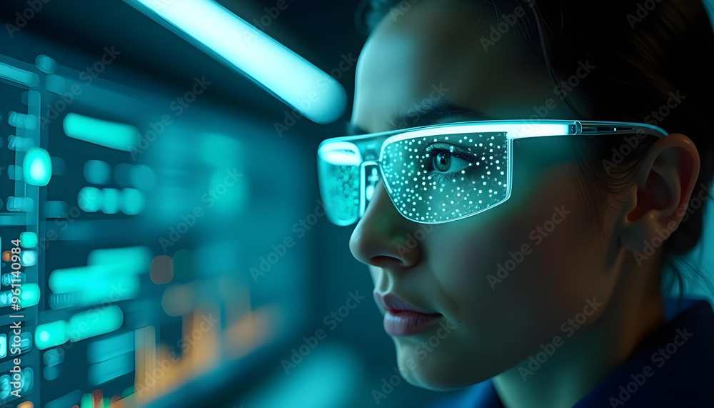 Woman with Futuristic Glasses Looking at a Digital Interface Woman with Futuristic Glasses Looking at a Digital Interface
