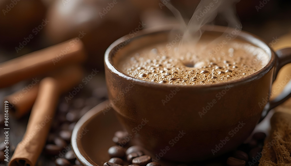 Steaming Cup of Coffee with Cinnamon Sticks and Coffee Beans Steaming Cup of Coffee with Cinnamon Sticks and Coffee Beans