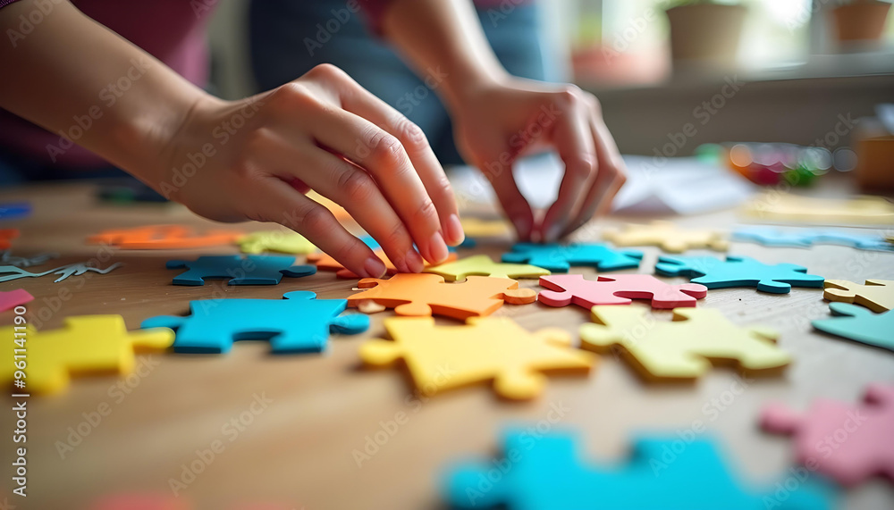 Person's Hands Placing a Colorful Puzzle Piece Person's Hands Placing a Colorful Puzzle Piece