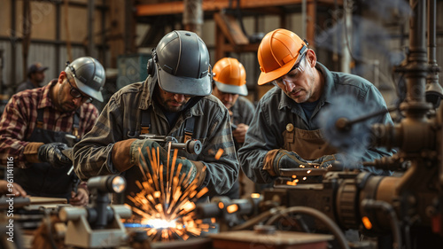 The image can be named:
Welder Working with Sparks in an Industrial Steel Factory