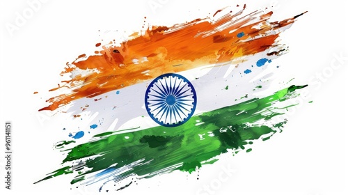 Abstract vector illustration of the Indian flag against a white background in the style of brush strokes and watercolor. It is a colorful, modern design for a vector art, vector logo,