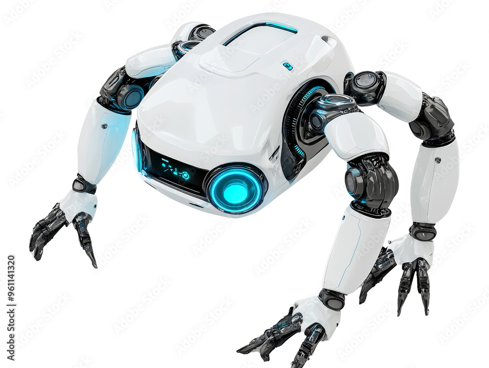 Futuristic robot with articulated limbs and glowing blue eyes Futuristic robot with articulated limbs and glowing blue eyes