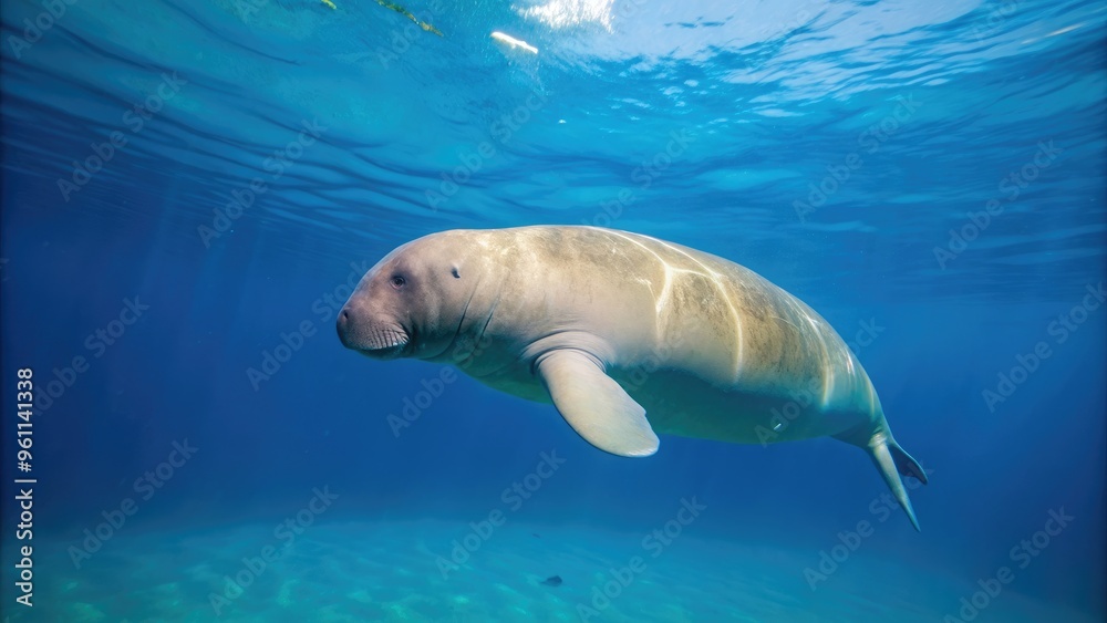 Obraz premium Dugong swimming gracefully underwater in the deep blue sea, marine mammal, sea cow