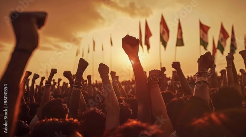 A crowd of people with their fist raised in the air, Indian flags flying around them. In front is an indian flag with orange and white stripes, with sun setting behind it.