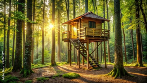 Small treehouse in dense forest surrounded by towering trees, dappled sunlight filtering through leaves , nature, treehouse