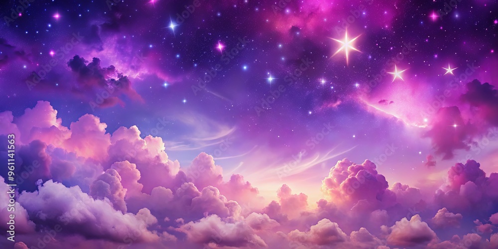 Vibrant purple sky with pink and purple clouds, scattered stars in the night sky Vibrant purple sky with pink and purple clouds, scattered stars in the night sky