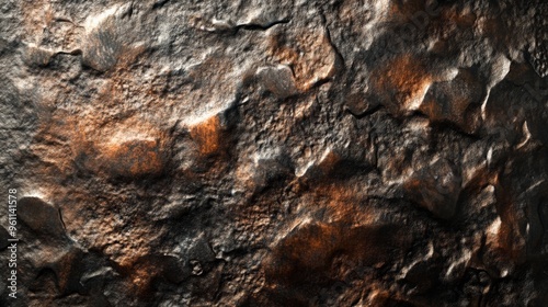 Close-up of a textured, rugged dark rock surface with hints of brown and orange hues; natural geological background.