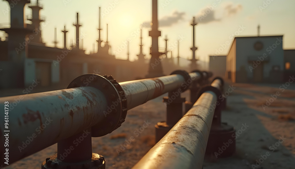 Closeup of Industrial Pipes Against a Silhouetted Factory and Sunset Sky Closeup of Industrial Pipes Against a Silhouetted Factory and Sunset Sky