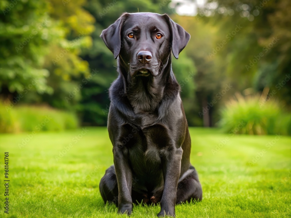 A Black Labrador Retriever Dog Sitting On A Grassy Lawn, Looking Directly At The Camera With Its Head Tilted Slightly To The Right. A Black Labrador Retriever Dog Sitting On A Grassy Lawn, Looking Directly At The Camera With Its Head Tilted Slightly To The Right.