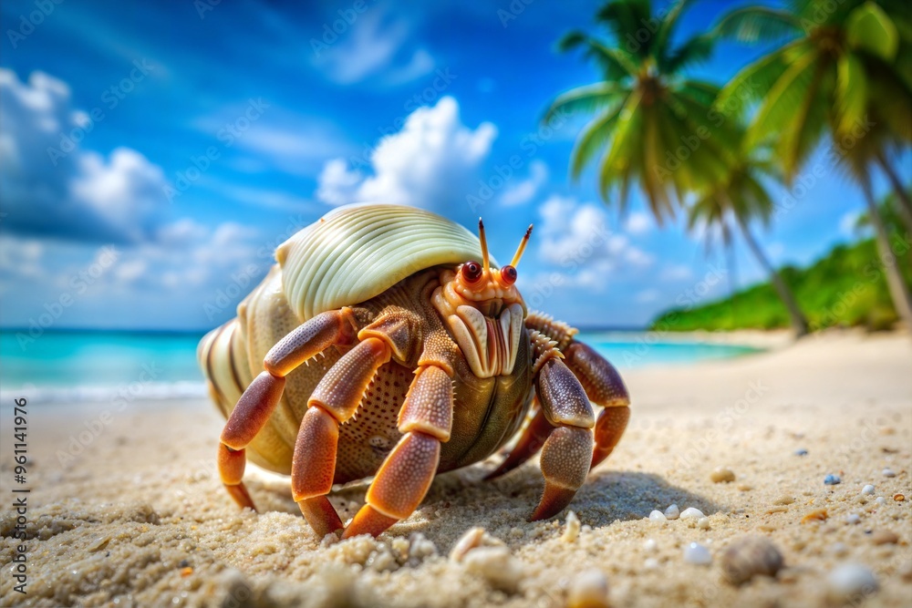 Hermit crab on tropical beach with ocean and palm trees Hermit crab on tropical beach with ocean and palm trees