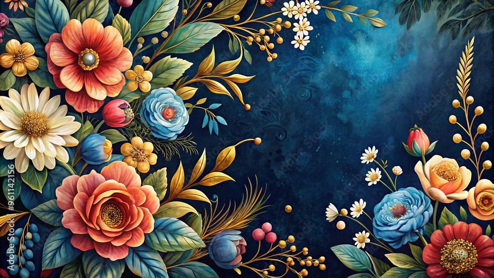 A vibrant and elegant painting of flowers on black and blue backgrounds with gold accents A vibrant and elegant painting of flowers on black and blue backgrounds with gold accents