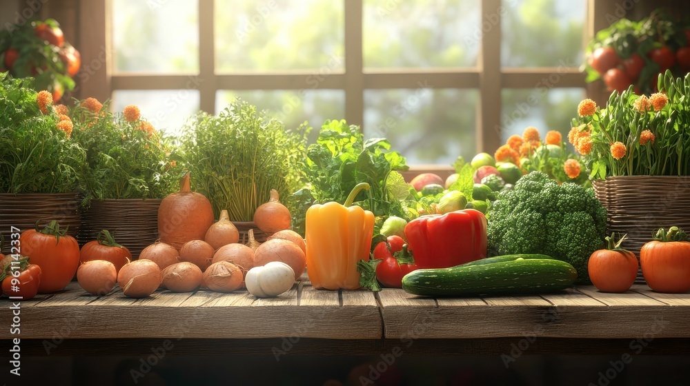 Fresh organic vegetables, assorted on wooden table, 3D illustration