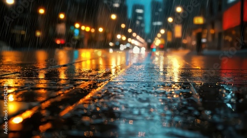 A rainy night scene with shimmering reflections on the pavement, illuminated by city lights creating a vibrant atmosphere.