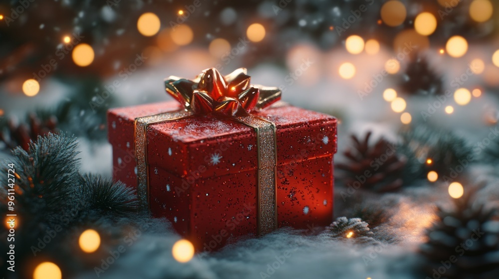 A festive red gift box with a golden bow, surrounded by pinecones and soft snow. A festive red gift box with a golden bow, surrounded by pinecones and soft snow.