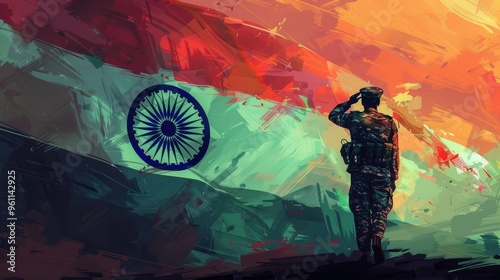 A soldier saluting in front of the Indian flag, detailed background, digital art style with brush strokes