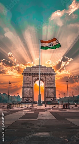 A digital illustration of India's flag waving in the wind, with an archway and glowing sun behind it. The background is a gradient sky with clouds, creating a serene atmosphere.