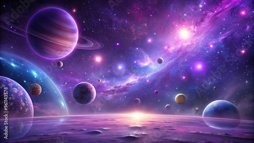 An enchanting purple abstract background featuring a glowing milky way galaxy and multiple planets