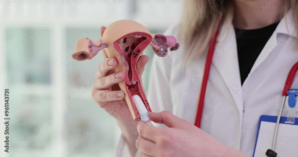 Doctor gynecologist inserting tampon into vagina on artificial model of uterus