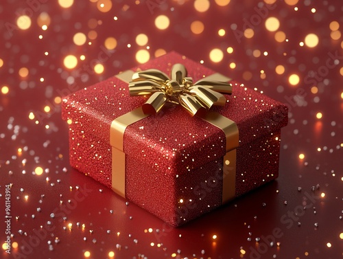 A sparkling red gift box adorned with a golden bow, set against a festive background.