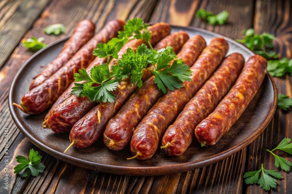 A plate of sausages with parsley on top A plate of sausages with parsley on top