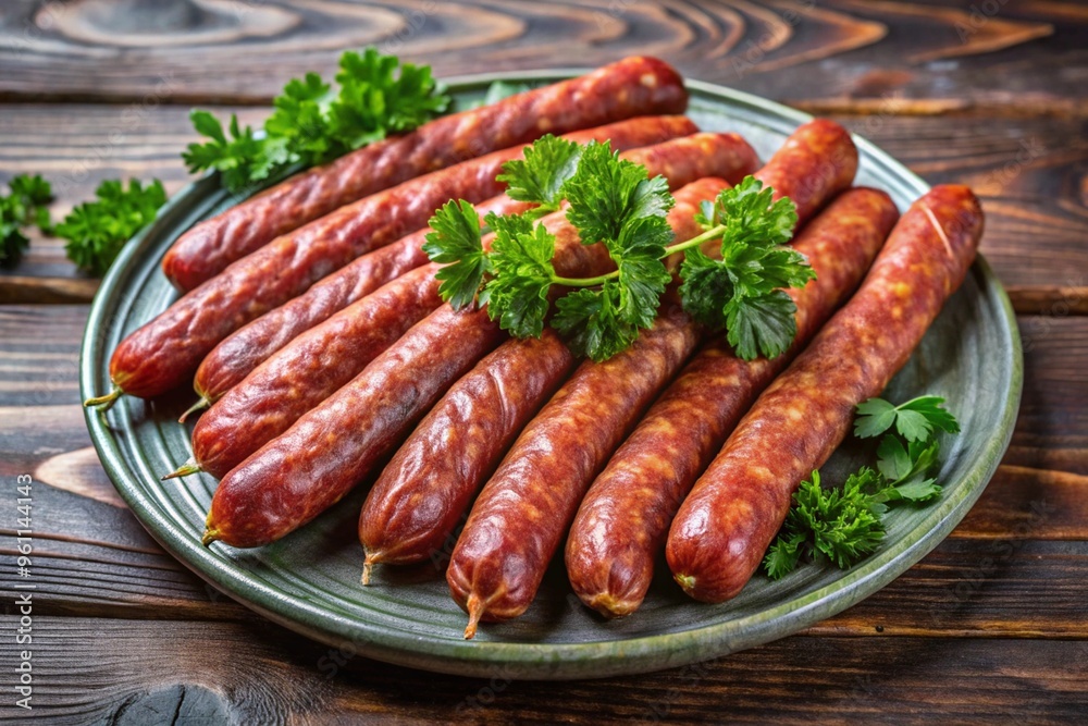 A plate of sausages with parsley on top A plate of sausages with parsley on top