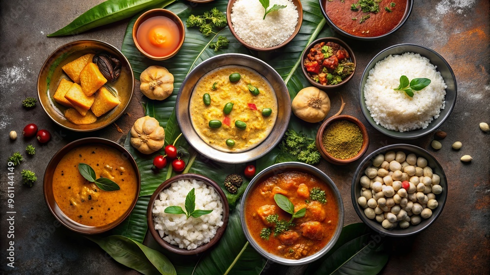 Array of Indian food on dark background with bowls and plates filled with sambar, chutney, and pongal Array of Indian food on dark background with bowls and plates filled with sambar, chutney, and pongal