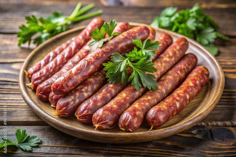 A plate of sausages with parsley on top A plate of sausages with parsley on top