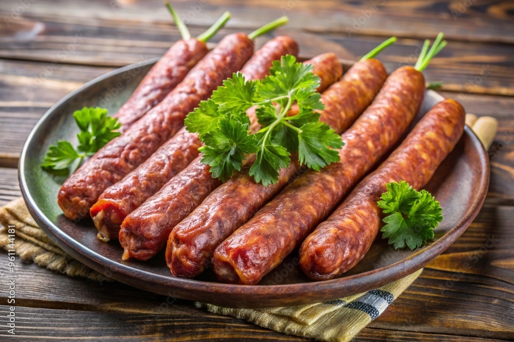 A plate of sausages with parsley on top A plate of sausages with parsley on top