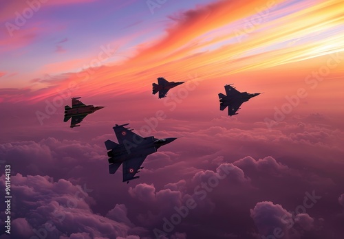Cinematic wallpaper of Air Force silhouettes flying over the national flag with sunrise in the background, Indian flag, clean background, hyper realistic, high resolution.