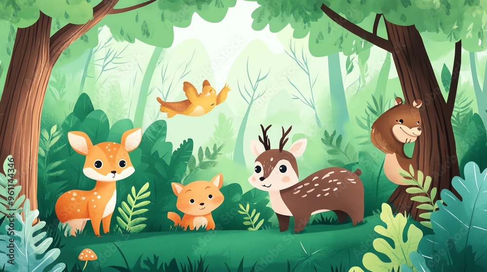 A Family of Forest Animals Enjoying a Day in the Woods A Family of Forest Animals Enjoying a Day in the Woods