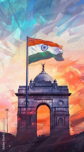 A digital illustration of India's flag waving in the wind, with an archway and glowing sun behind it. The background is a gradient sky with clouds, creating a serene atmosphere.