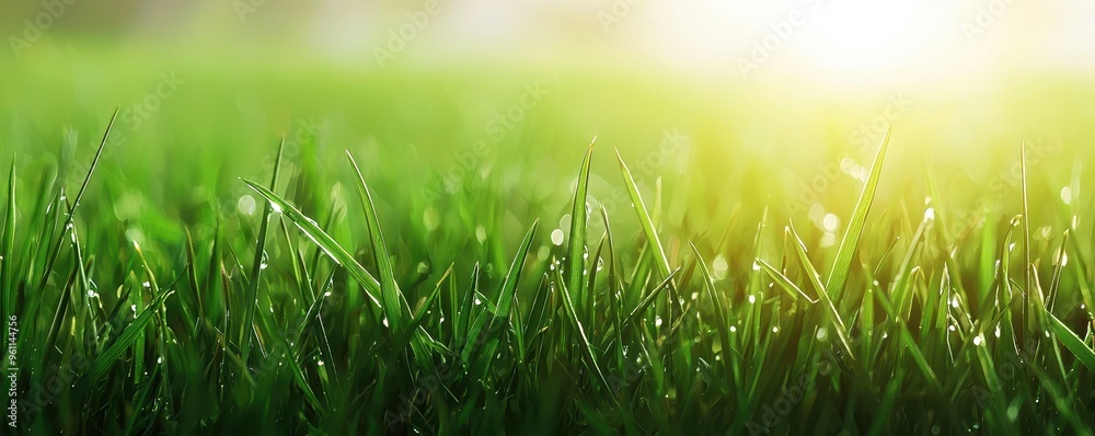 Obraz premium Lush green grass glistens in the sunlight, evoking a sense of freshness and tranquility in a natural setting.