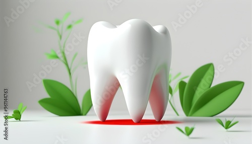 Minimalistic 3D Illustration of a White Tooth on Red Gum with Light Green Accents in a Clean, Shadow-Free Environment photo