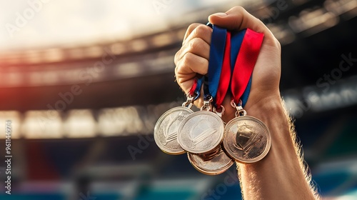 Hand Holding Multiple Medals: A hand proudly holding several medals, their ribbons entangled, with a blurred stadium background.
