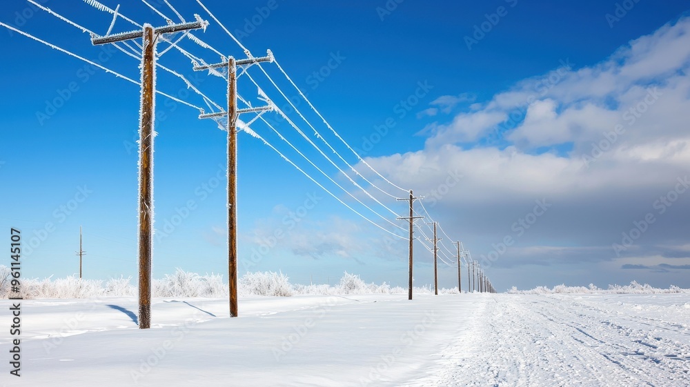 Snow-covered landscape featuring utility poles under a clear blue sky, showcasing winter's beauty and serenity. Snow-covered landscape featuring utility poles under a clear blue sky, showcasing winter's beauty and serenity.