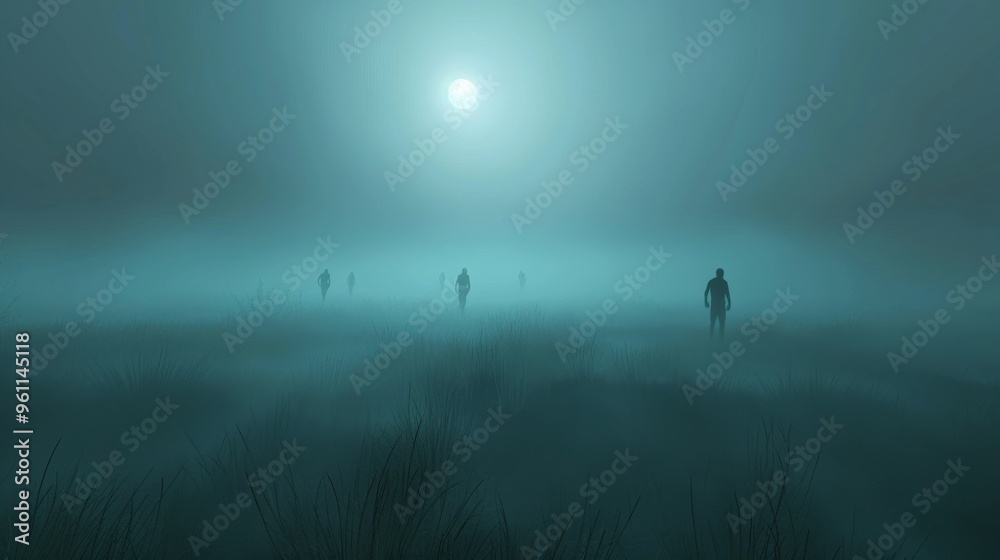 Silhouetted figures walk through a dense fog under the light of a full ...