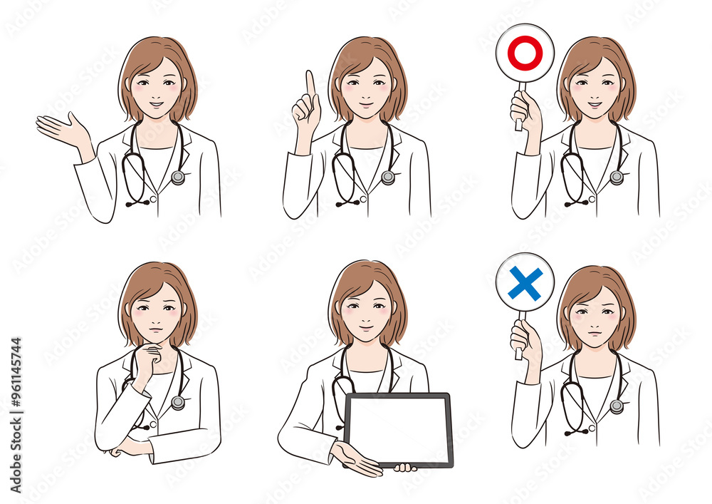 線画人物　医者女性のポーズセット　案内　悩む　タブレットで説明　マルバツ　花束を持つ　
