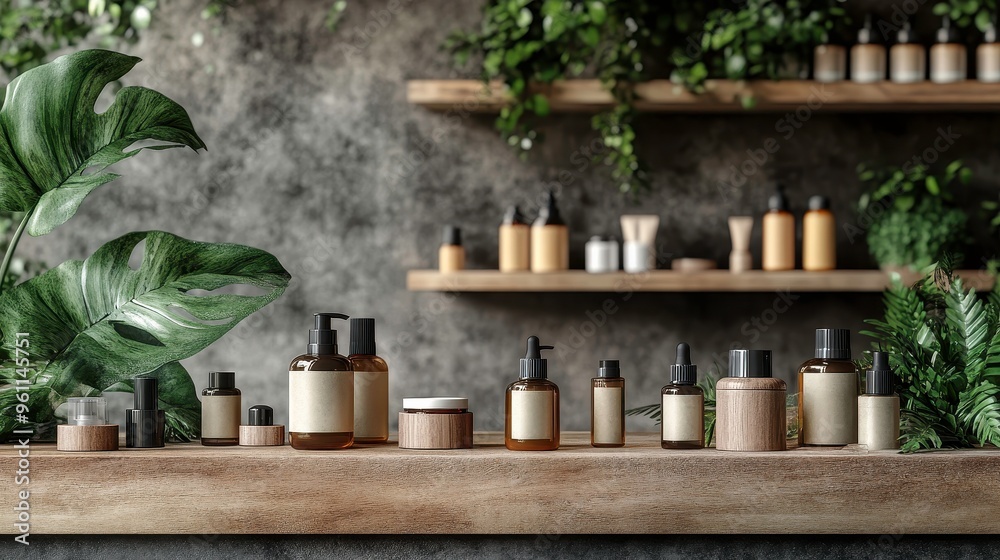 Organic skincare products, natural ingredients on display, 3D illustration Organic skincare products, natural ingredients on display, 3D illustration