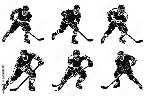 Set of hockey player black silhouette vector illustration 