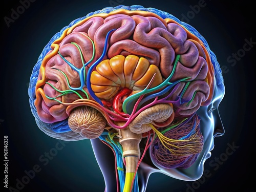 A Digitally Rendered Cross Section Of A Human Brain Displaying The Cerebellum, Brainstem, And Cerebral Hemispheres With Detailed Neural Pathways And Structures. photo