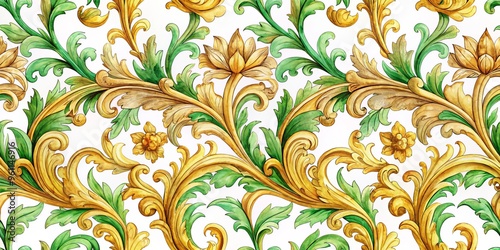 Baroque seamless watercolor pattern with rococo ornaments featuring handdrawn gold scrolls and leaves