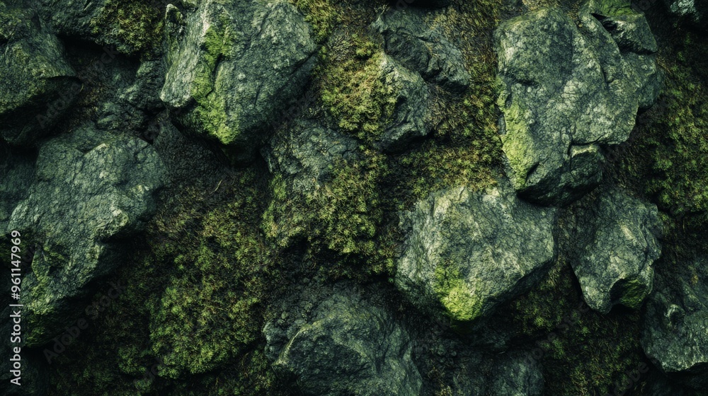 Close-up of dark, rugged rock texture with green moss and lichen, showcasing natural weathered details. Close-up of dark, rugged rock texture with green moss and lichen, showcasing natural weathered details.