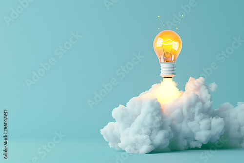 Creative Light Bulb Rocket Launching with Smoke in Blue Sky with copy space