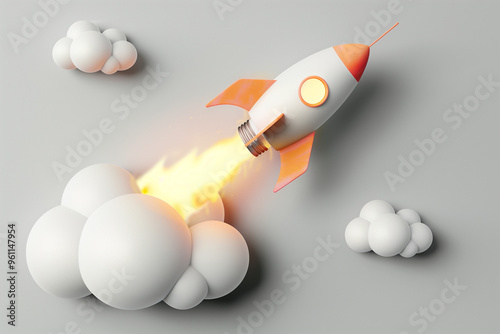 Creative Lightbulb Rocket Launching on Gray Background photo