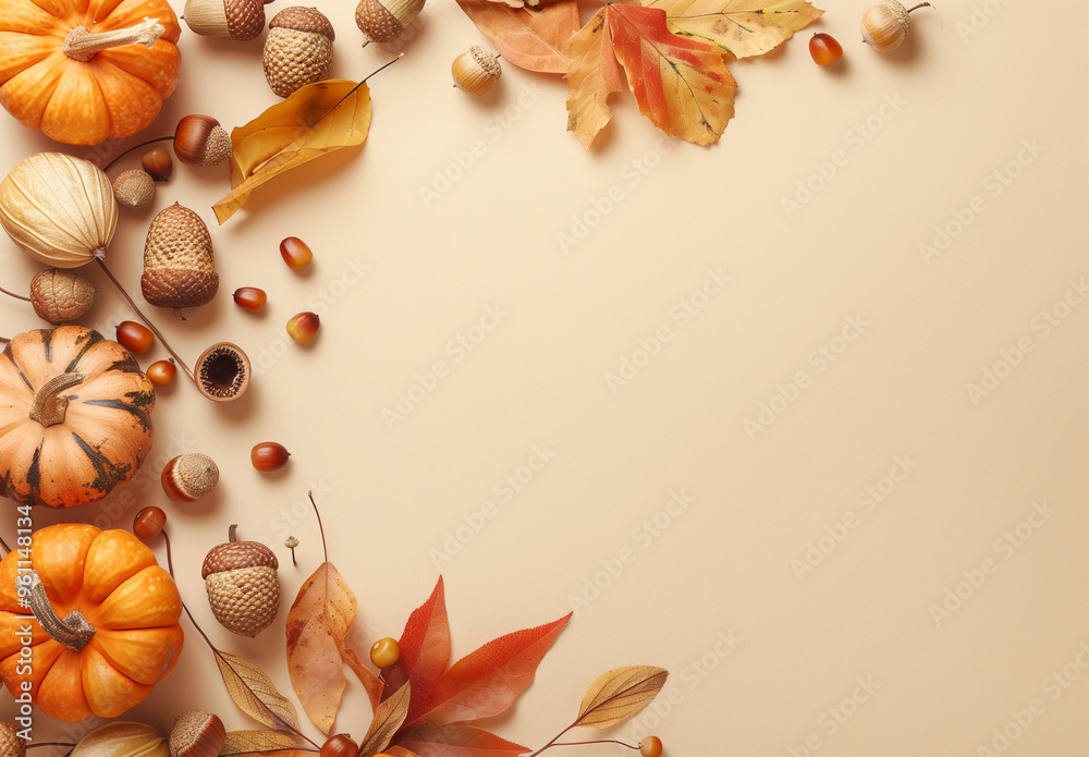 Autumn Elements with Acorns, Leaves, and Pumpkins on Beige Background with copy space Autumn Elements with Acorns, Leaves, and Pumpkins on Beige Background with copy space