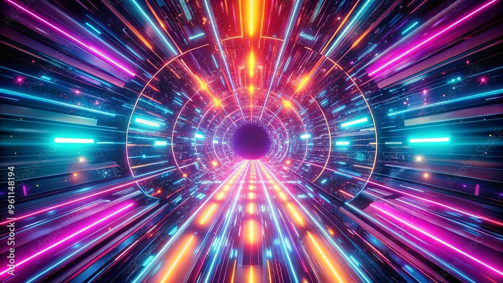 Abstract neon hyper warp space tunnel flight in