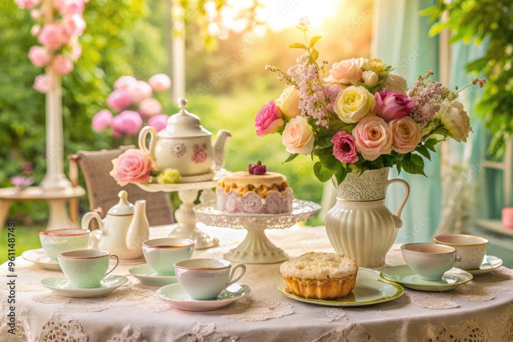 A Feminine Tea Party Table Adorned With Pastel Colors, Delicate Lace, And Vintage China, Exuding A Quaint And Charming Atmosphere. A Feminine Tea Party Table Adorned With Pastel Colors, Delicate Lace, And Vintage China, Exuding A Quaint And Charming Atmosphere.